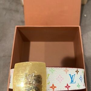 Louis Vuitton White has a Multicolor Belt with Gold Buckle